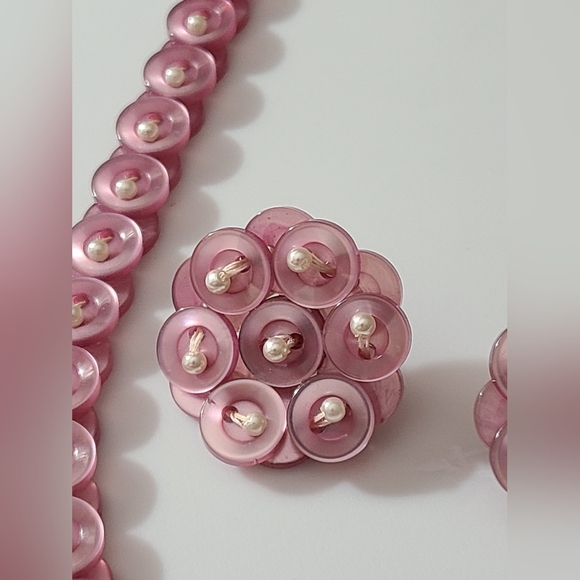 Set Vintage 80's button necklace earrings pierced pearls lavender purple handmad - Picture 5 of 10